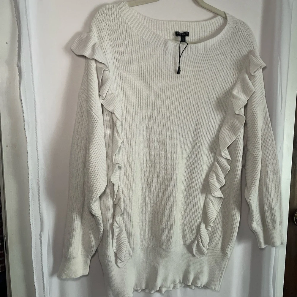 Express Women’s Sweater Sz L Rufffled Drop Sleeve White Cuffed 2018 Cotton - Picture 5 of 14